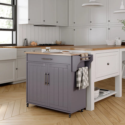 Pingliang Home Rolling Kitchen Storage Carts with Towel Rack and Drawers, Kitchen Island with Wheel,Rubberwood,White, 35"