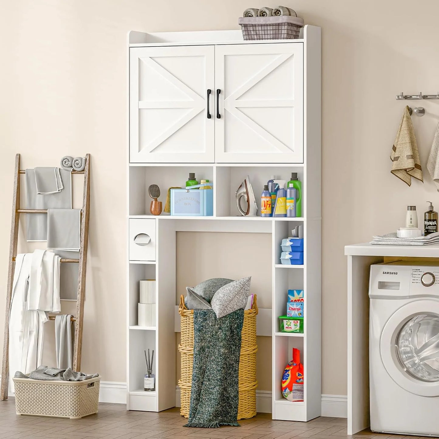 Vabches Over The Toilet Storage Cabinet with Toilet Paper Holder Stand, Above Toilet with Adjustable Shelf & 2 Doors