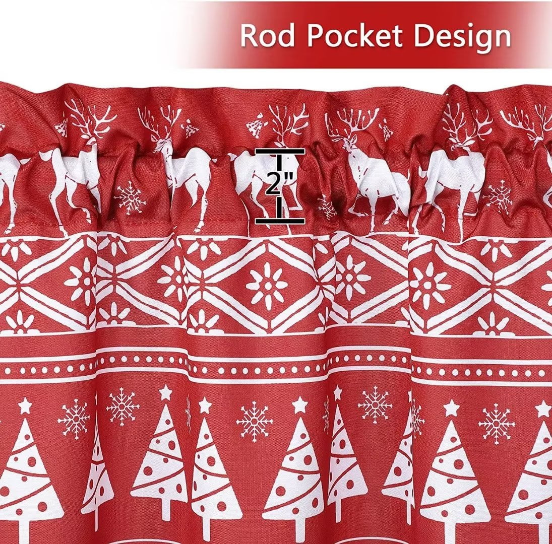 GlowSol 26"W x 24"L Boho Xmas Cafe Curtains Tree Deer Pattern Bathroom Curtain Blackout Half Window Kitchen Cafe Curtains, Red, Set of 2