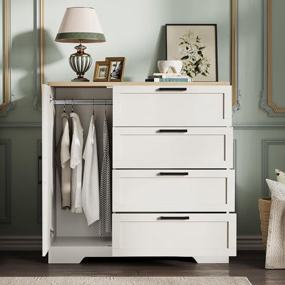 Ataucjin Wood Armoire Wardrobe Closet with 4 Drawers and Door, 43.3" H Bedroom Wardrobe Cabinet with Hanging Rod, Clothing Storage Cabinets, 4 Drawers Dresser with Storage Closet