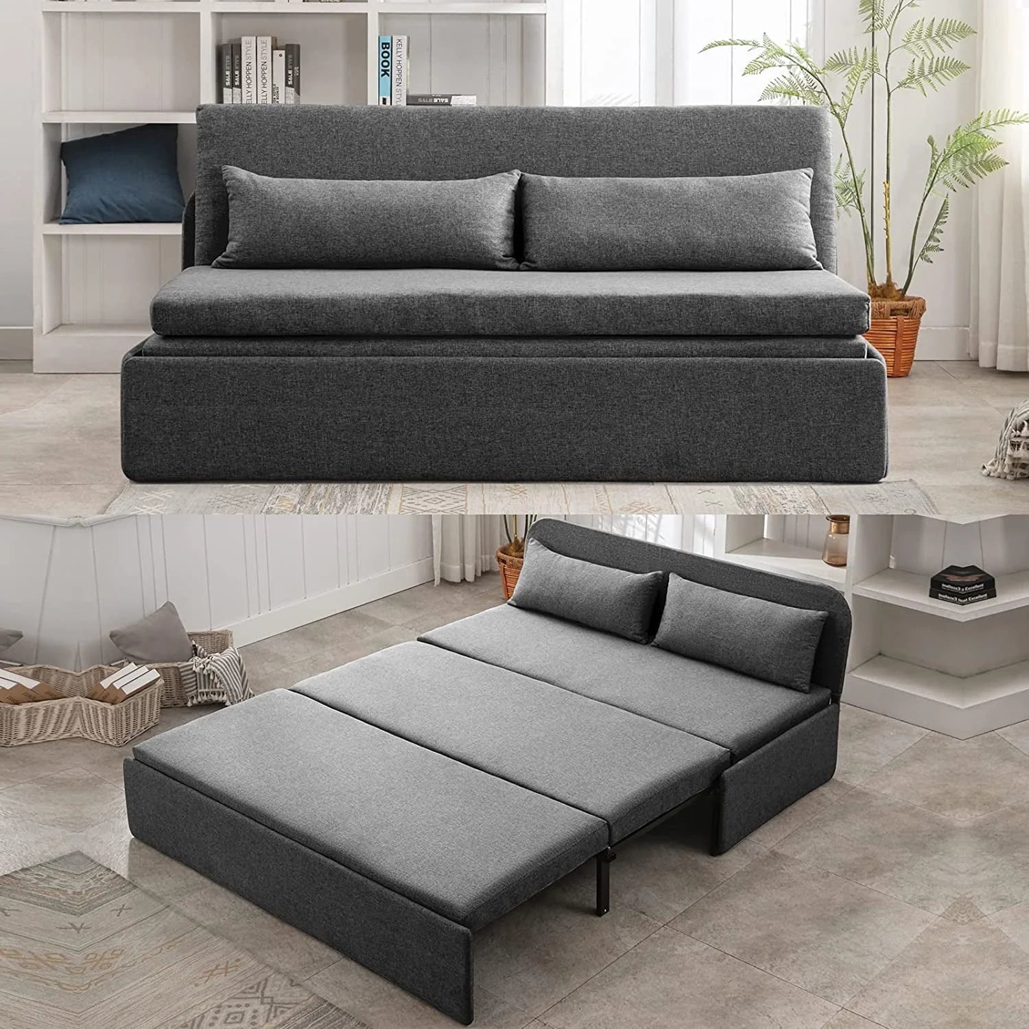 Mjkone Queen Size Convertible Sofa Bed, Modern Pull Out Linen Sleeper Sofa Couch, Revesible Couch Bed with Cushions& Throw Pillows for Small Place/Apartment/Living Room/Office/Studio (Dark Gray)