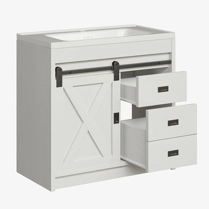 DreamCurship 32" Bathroom Vanity with Sink Combo, White Bathroom Storage Cabinet with Drawers, Farmhouse Bathroom Vanity Cabinet with Sliding Barn Doors, White