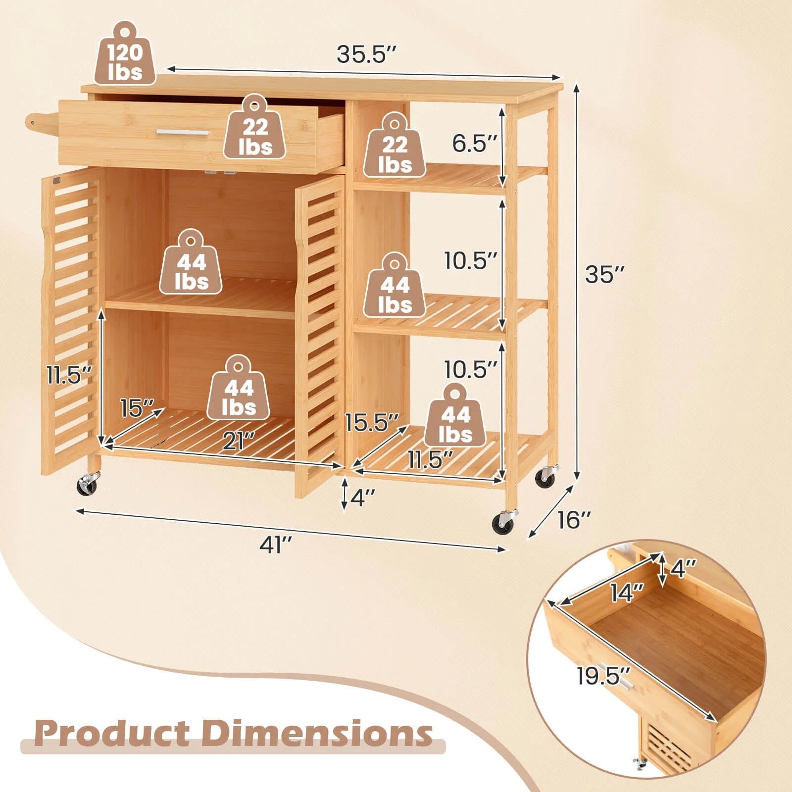 Costway 35.5" Kitchen Island Cartwith Lockable Wheels Drawer Open Shelves Towel Bar