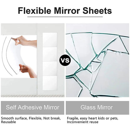 EUWBSSR 10pcs 12in Flexible Mirror Sheets Self-Adhesive Plastic Mirror Tiles Non-Glass Mirror Sticker,Ultra-Thin Flexible Mirror Sheets for Bedroom Closet Bathroom