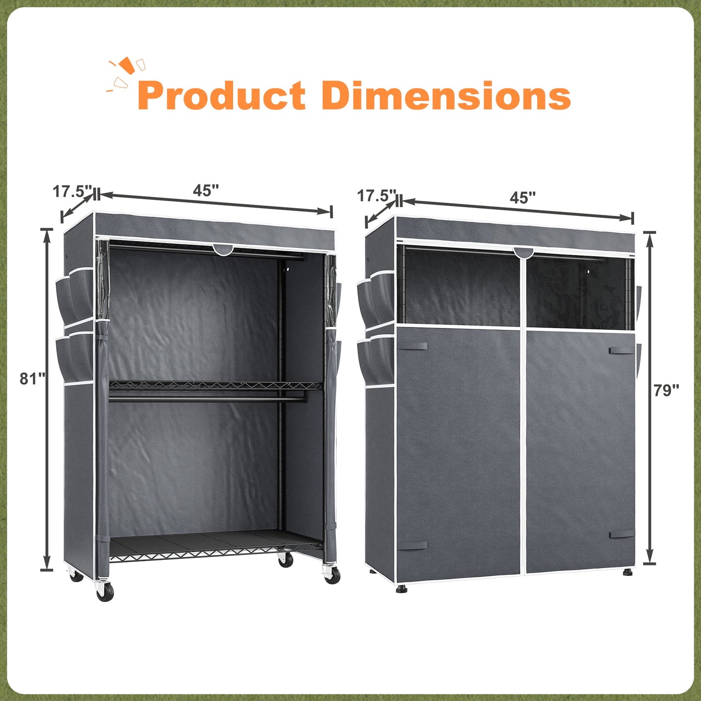 EnHomee Rolling Closet Rack with Dustproof Cover,450LBS Load Capacity Adjustable 81"H Portable Wardrobe with Side Pockets,Black