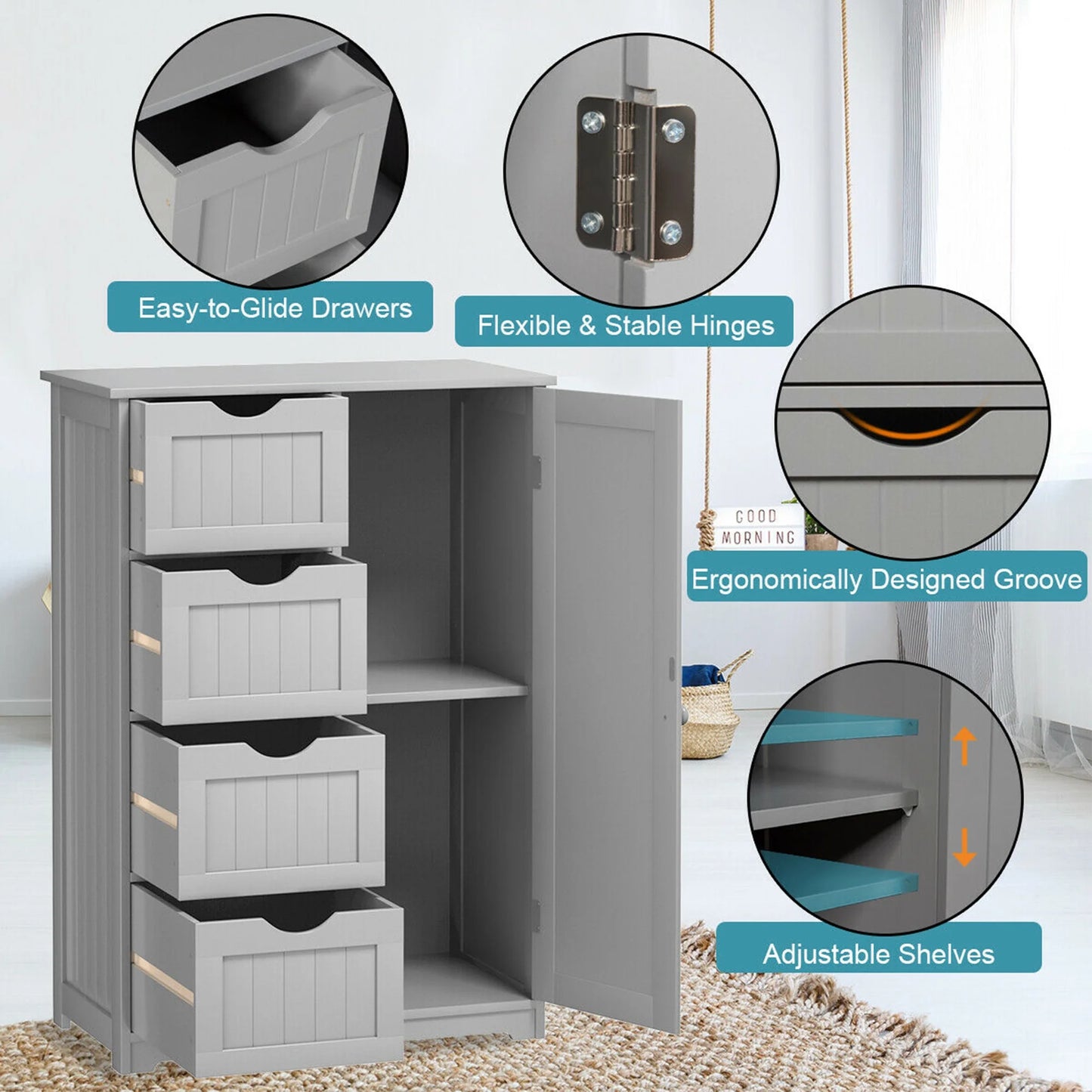 Gymax Bathroom Floor Cabinet Storage Organizer Cupboard w/4 Drawers Adjustable Shelf Grey