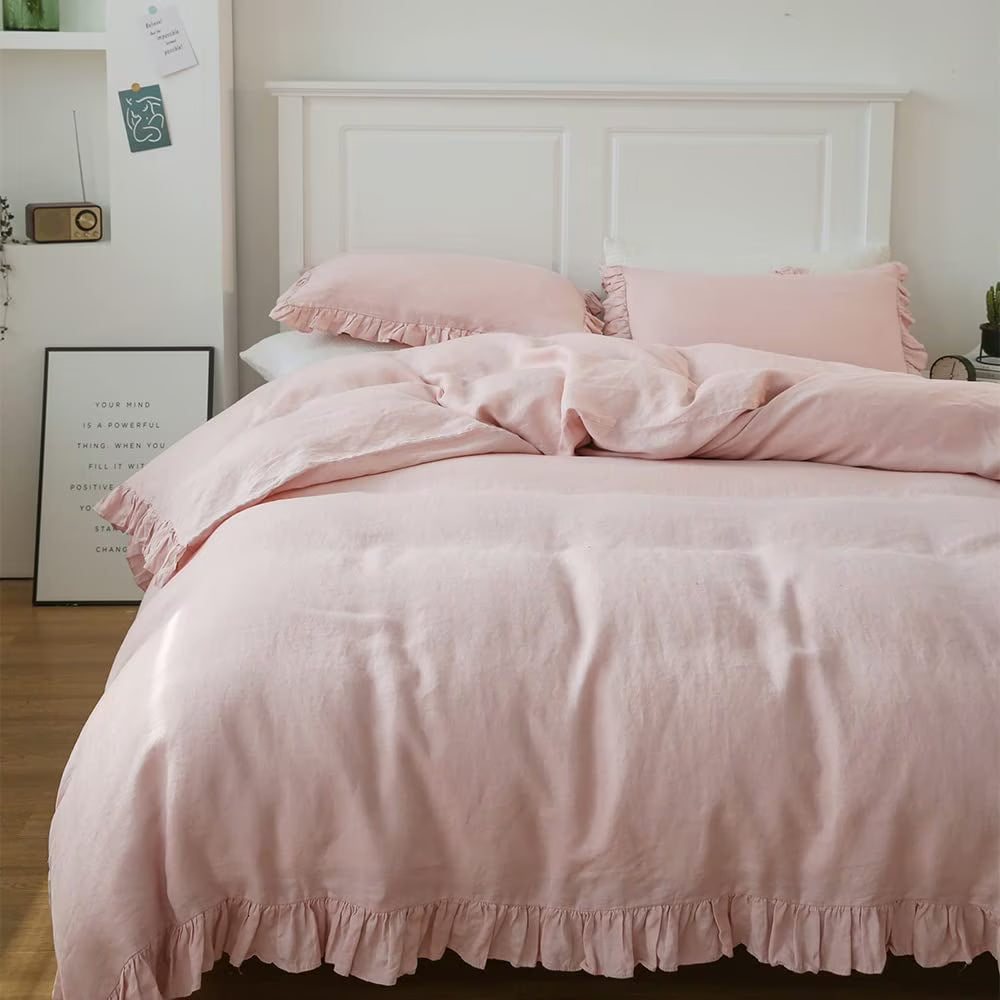 Simple& Opulence 100% Washed Linen Duvet Cover Set-3 Pieces Shabby Chic Premium Ruffled Bedding with 1 Comforter Cover and 2 Pillowshams France Flax High End Frill Sets Vintage Style(King, White)