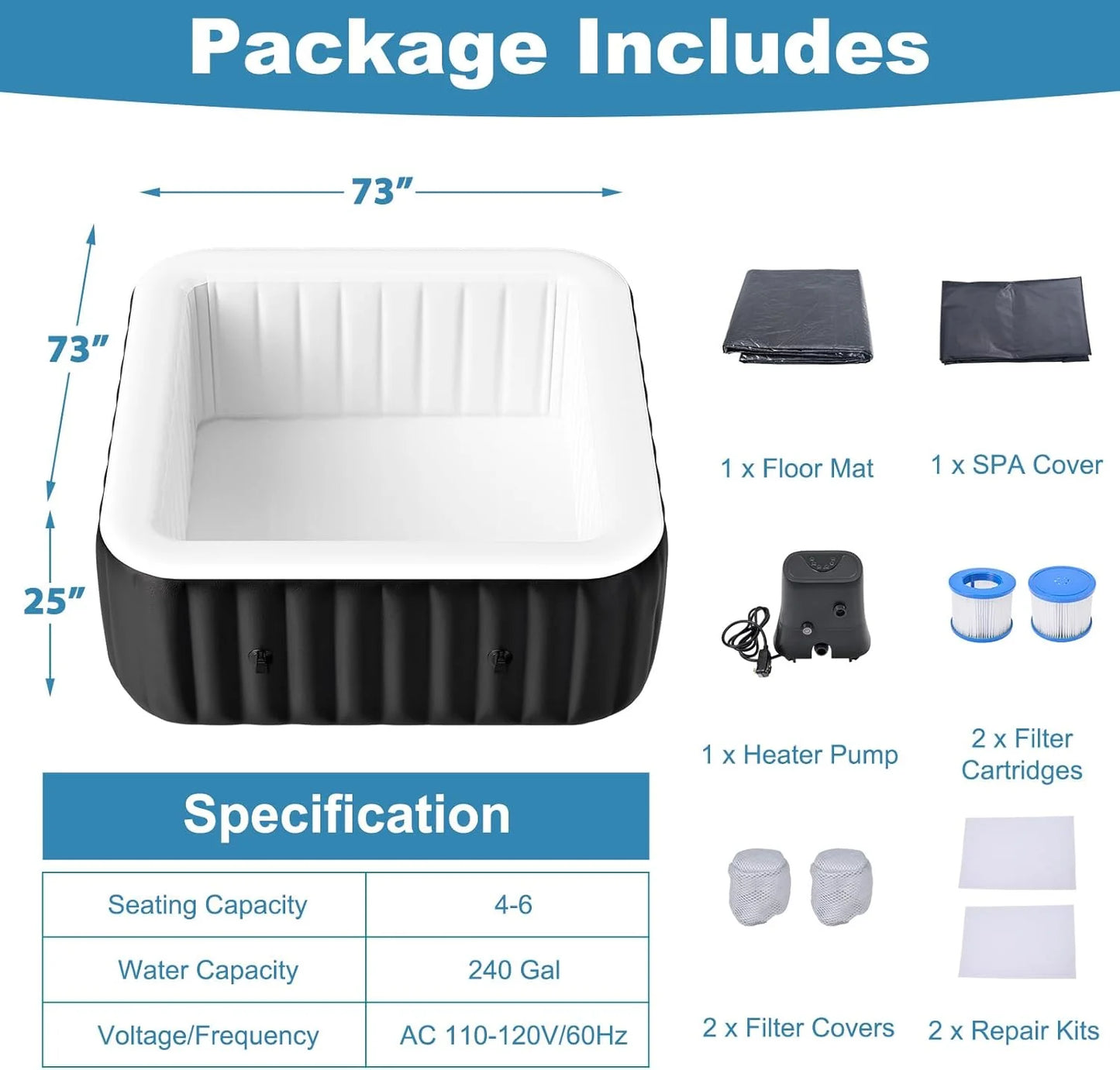73 inch Outdoor Inflatable Hot Tub with 130 Bubble Air Jets, 4-6 Person Square Portable Hottub Spa with LED Control Panel, Blow Up Spa Bathtub with 2 Filter, Temperature up to 104° F