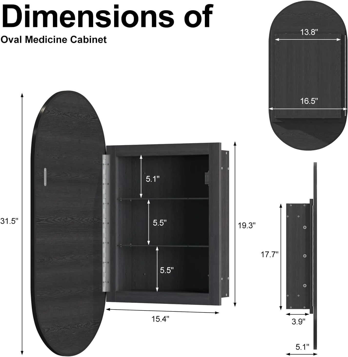 Oval Medicine Cabinet Mirror for Bathroom,Recessed Black Medicine Cabinet with Mirror, Brushed Black Mirror Cabinet with 3 Storage,Metal Edge,Wall Mounted,16x31Inch