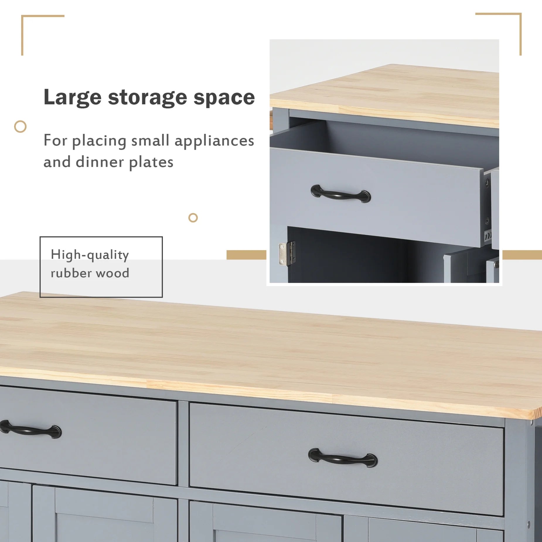 54.3" Kitchen Island Cart, Modern Solid Wood Storage Cabinet with Locking Wheels, 4 Door, Spice Rack, Towel Rack and Two Drawers, Rolling Mobile Kitchen Island Table, Blue