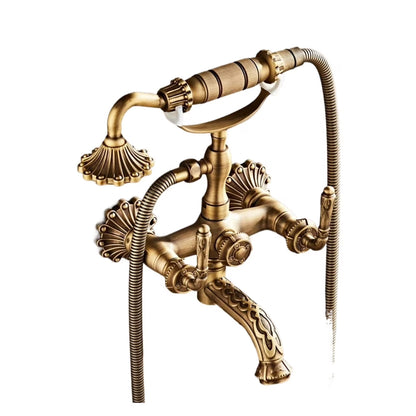 Antique Brass Bathtub Shower Faucets Set, Wall Mounted Bath Shower Set Swivel Tub Spout Bath Shower Dual Control Carved Mixer Tap