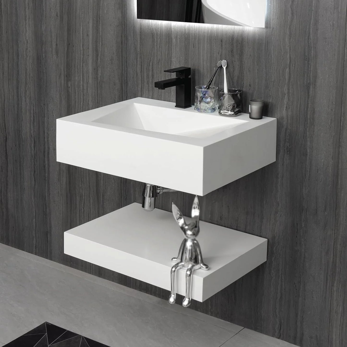GGISHA 24"x19" Wall-Mount Stone Resin Bathroom Sink Rectangular Vessel Sinks for Bathroom Floating Vanity Sink Trough Modern Art Basin with Shelf Layer