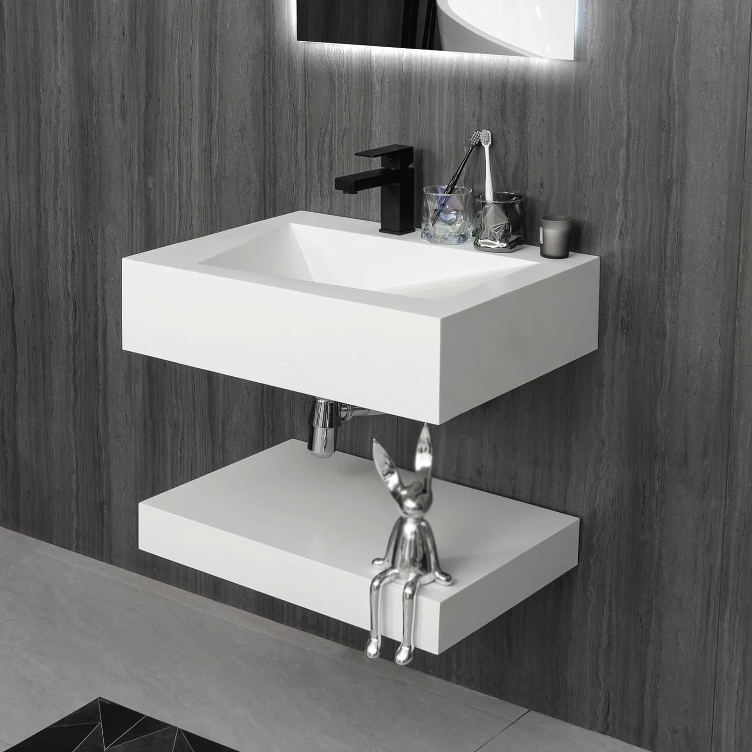 GGISHA 24"x19" Wall-Mount Stone Resin Bathroom Sink Rectangular Vessel Sinks for Bathroom Floating Vanity Sink Trough Modern Art Basin with Shelf Layer