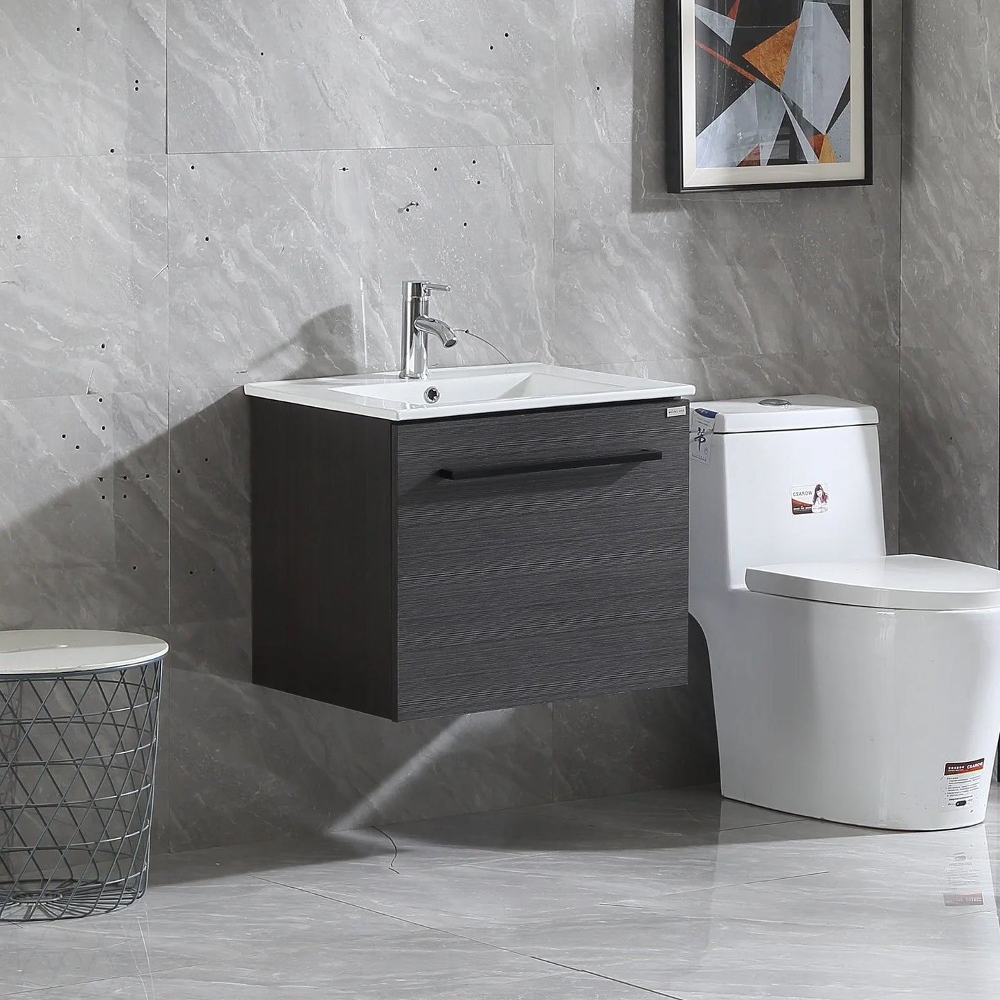 Wonline 24" Wall Mounted Bathroom Vanity with Sink, White Cabinet with Two Drawer and Mirror Chrome Faucet