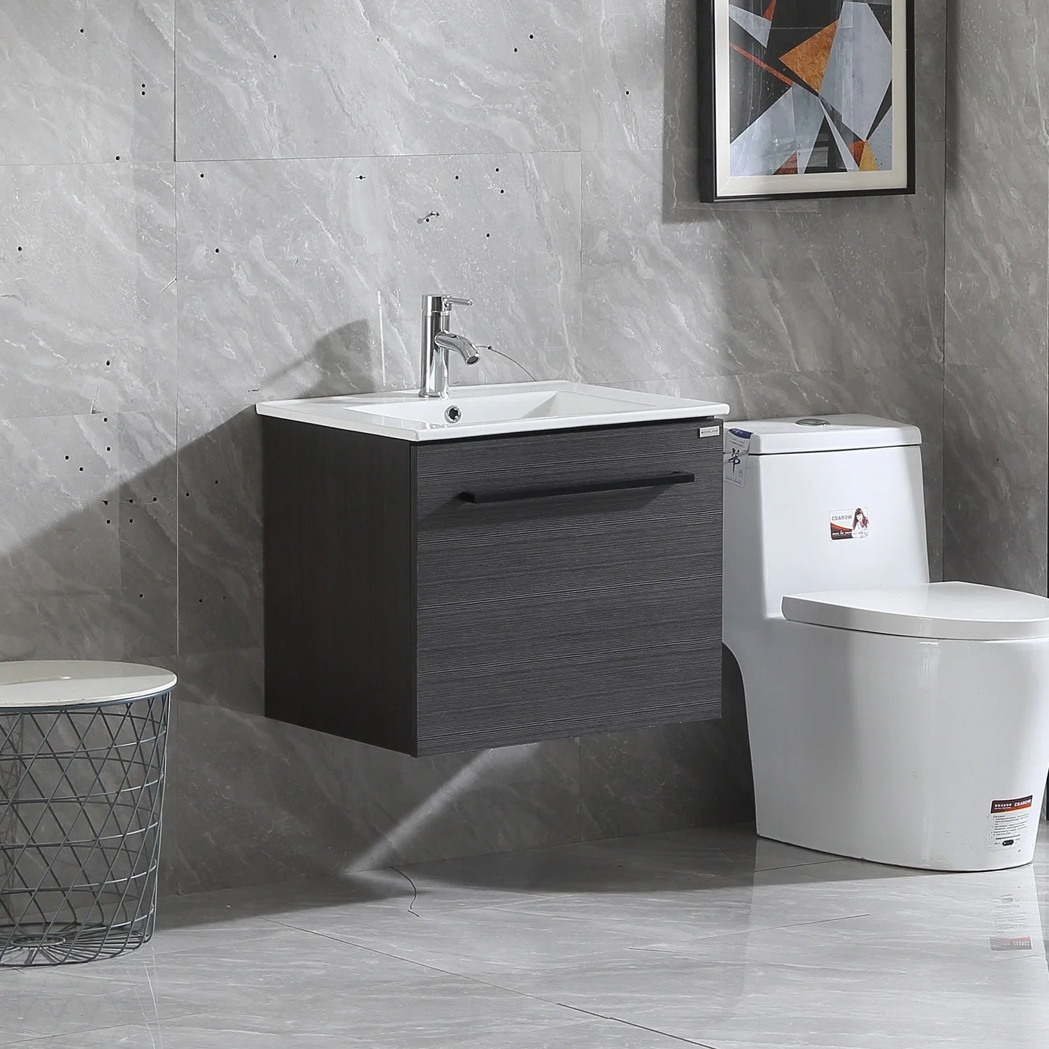 Wonline 24" Wall Mounted Bathroom Vanity with Sink, White Cabinet with Two Drawer and Mirror Chrome Faucet