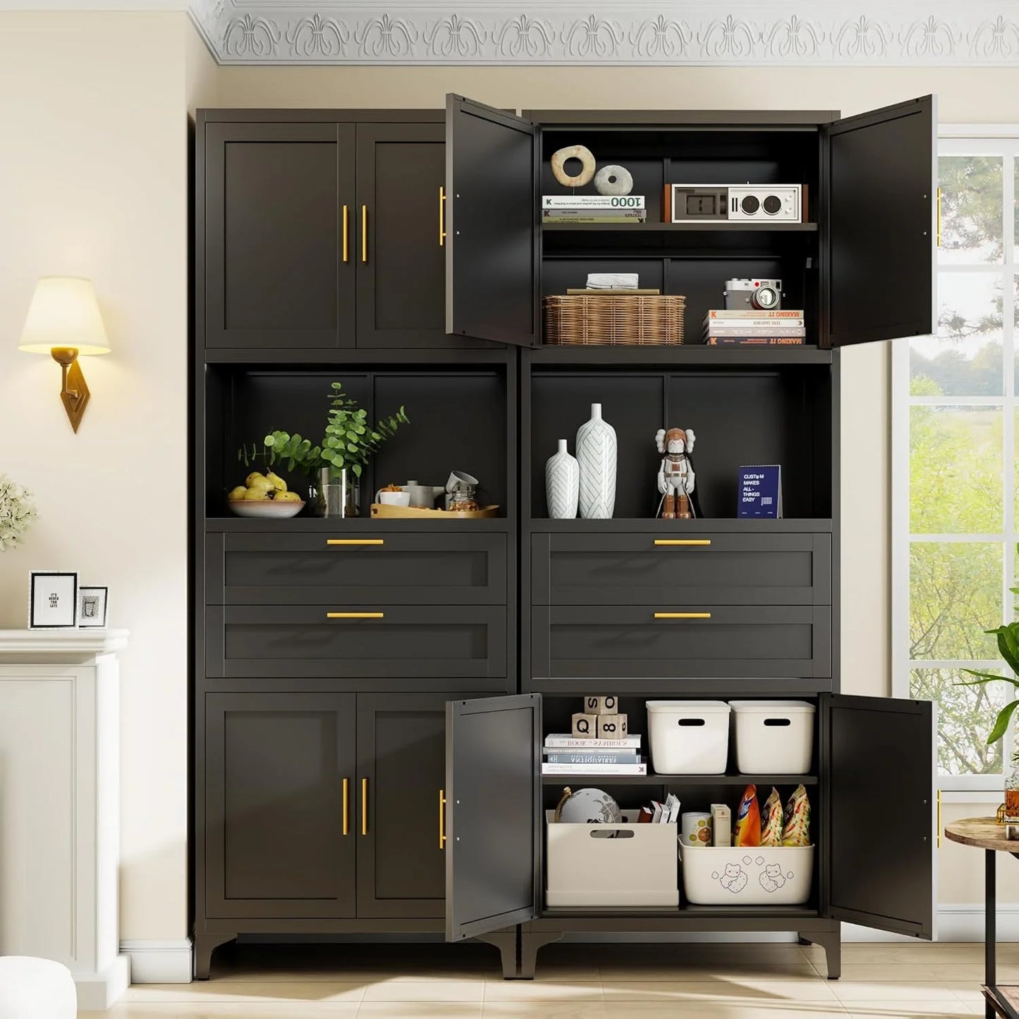 75° Tall Kitchen Pantry Storage Cabinet, Metal Storage Cabinet with 2 Drawers and Adjustable Shelves, Kitchen Pantry Cupboard, Freestanding Cupboard for Bathroom, Living Room(Black)