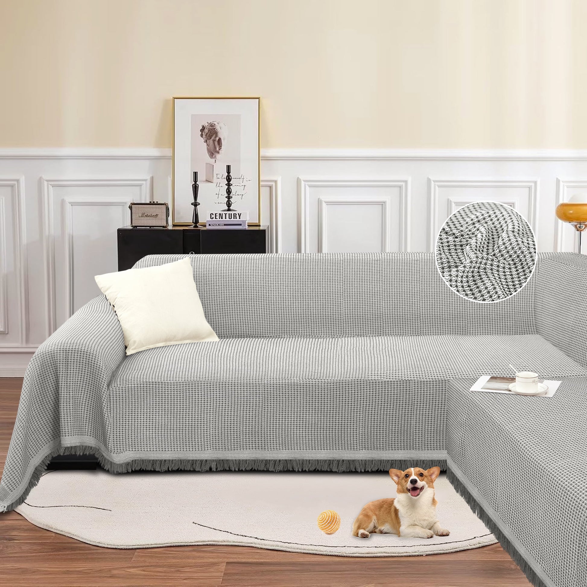 HDCAXKJ Washable L Shape Sofa Covers Reversible Sectional Couch Covers Corner Sofa Slipcovers Blankets Sofa Cover for Living Room Home Decor,91"x252",Gray