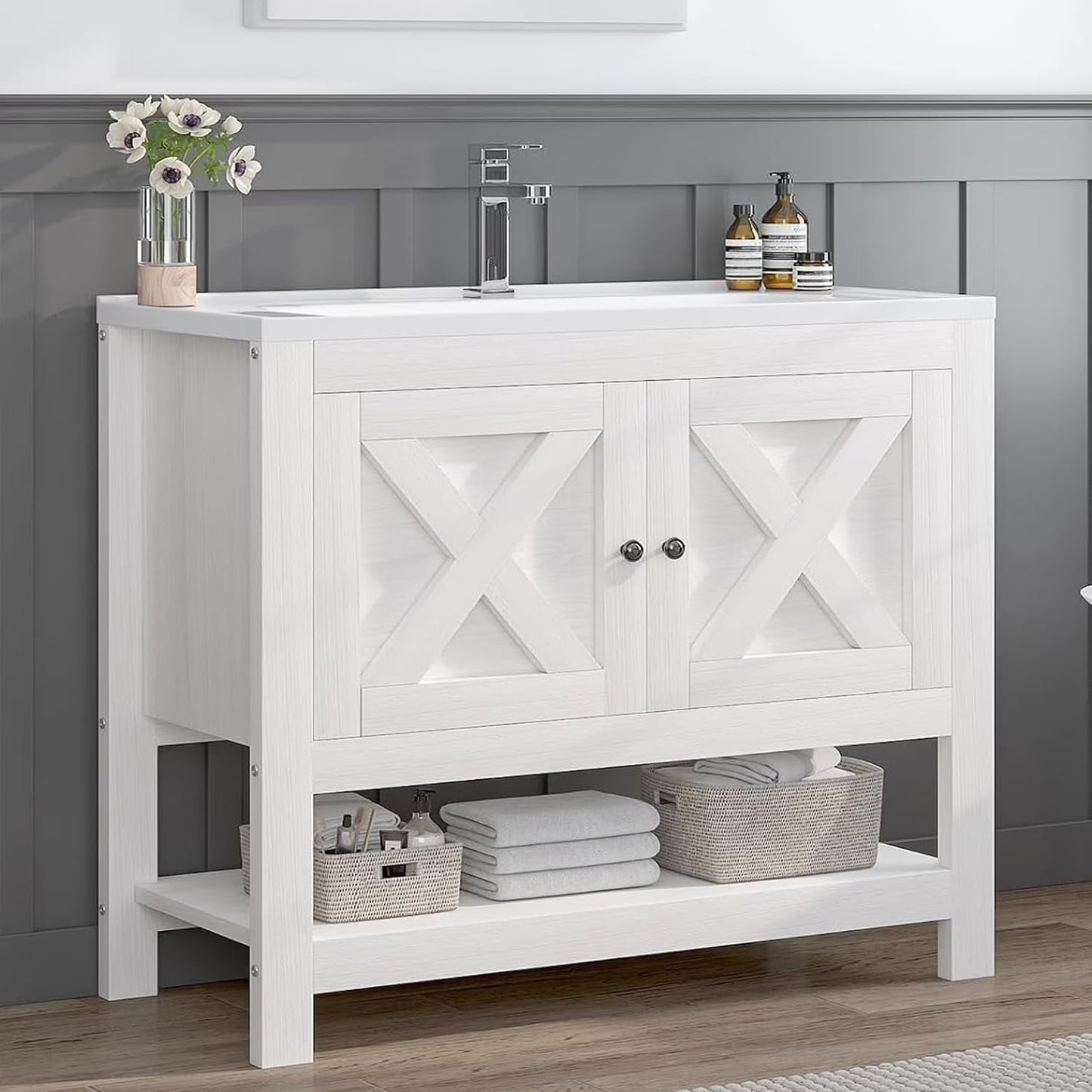 DreamCurship Bathroom Vanity with Sink Combo, 35'' Bathroom Storage Cabinet with Storage, Farmhouse Bathroom Vanity Cabinet with 2 Doors and Open Shelf, White
