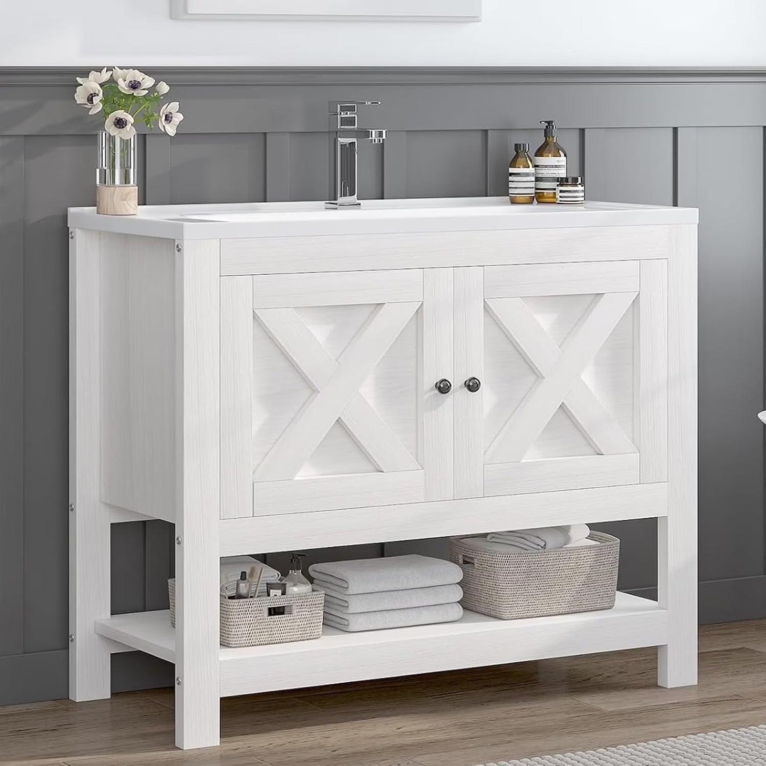 DreamCurship Bathroom Vanity with Sink Combo, 35'' Bathroom Storage Cabinet with Storage, Farmhouse Bathroom Vanity Cabinet with 2 Doors and Open Shelf, White