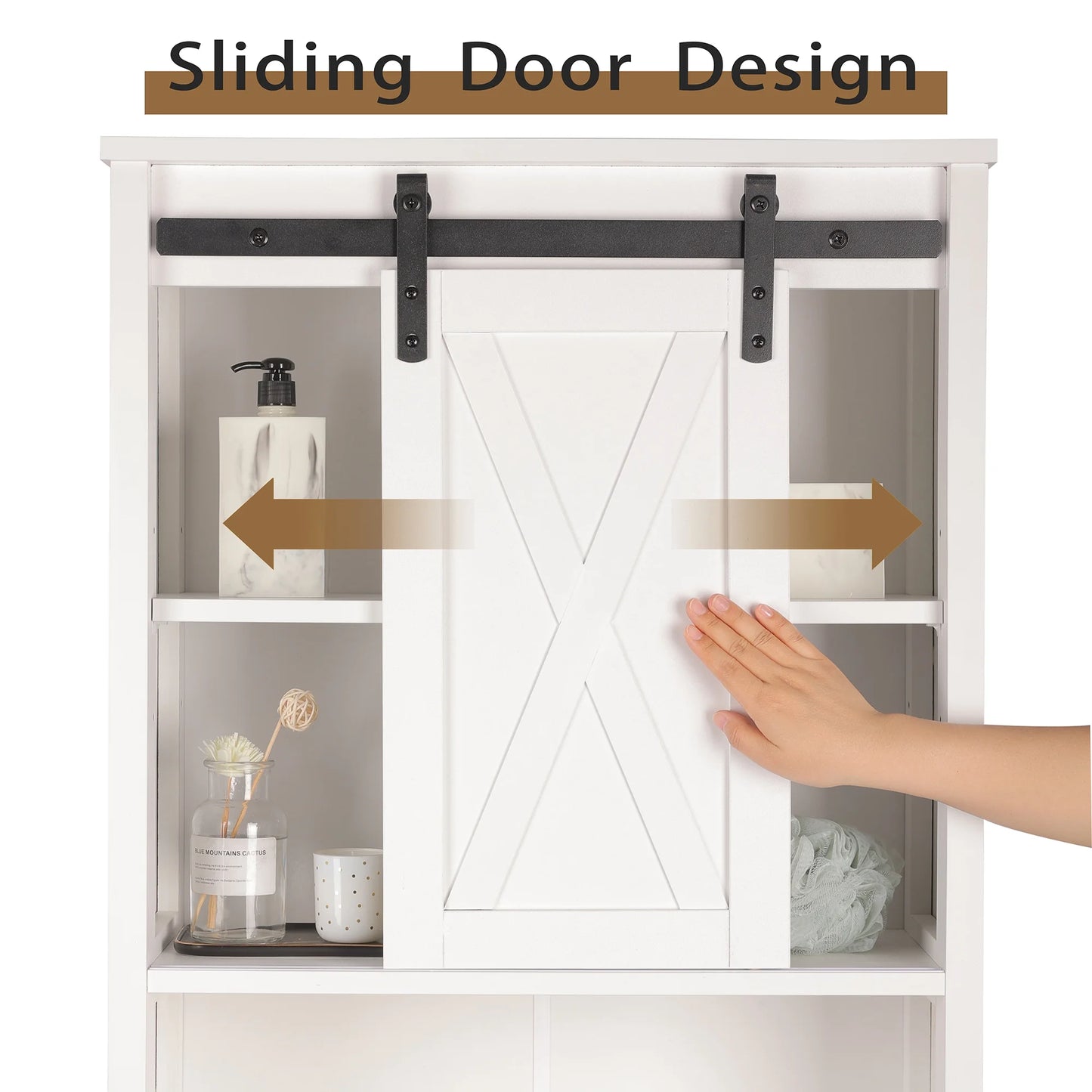 Tolead Wooden Bathroom Storage Over The Toilet with Adjustable Shelves and Sliding Doors, Towels, Wood, White