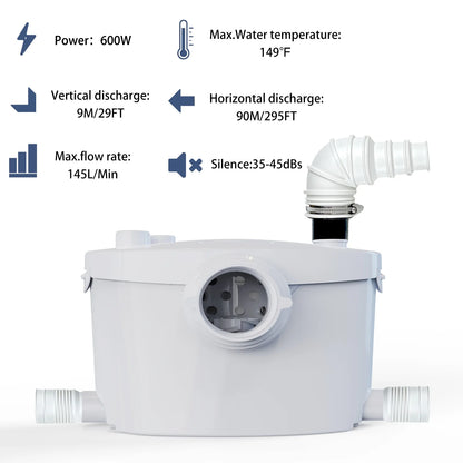 600watt Macerating Toilet with Pump, Upflush Toilet for Basement with 4water Inlets Connect Kitchen Sink Bathroom Included Macerator Pump, Water Tank, Toilet Bowl, Toilet Seat, Extension Pipe