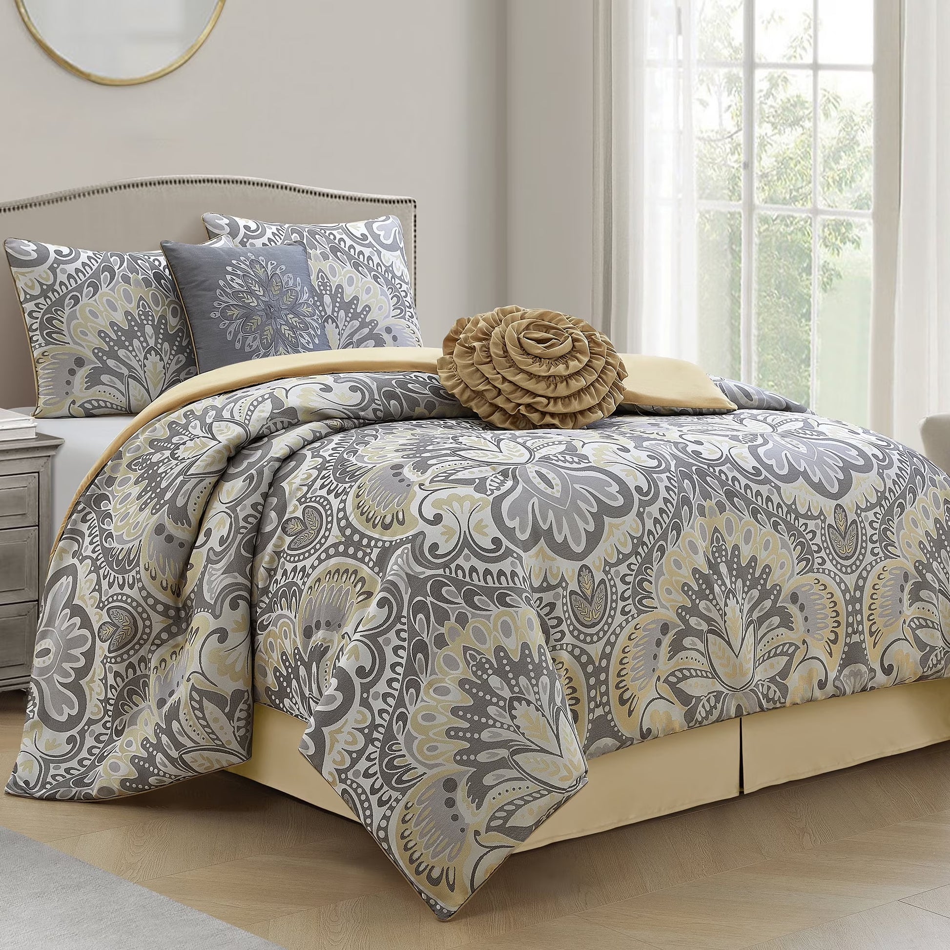 Lanco Luscious Diane 6-Piece Reversible Comforter Bedding Set, California King, Blue Gold, Fill Material Polyester, Floral