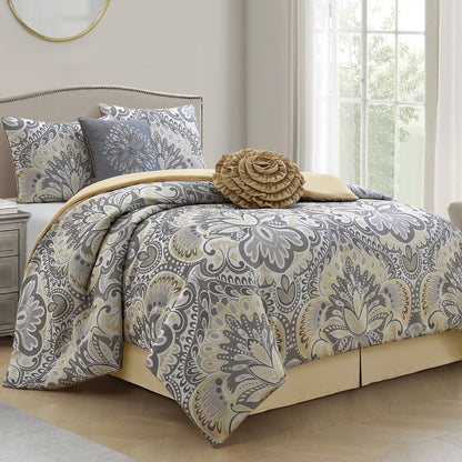 Lanco Luscious Diane 6-Piece Reversible Comforter Bedding Set, California King, Blue Gold, Fill Material Polyester, Floral