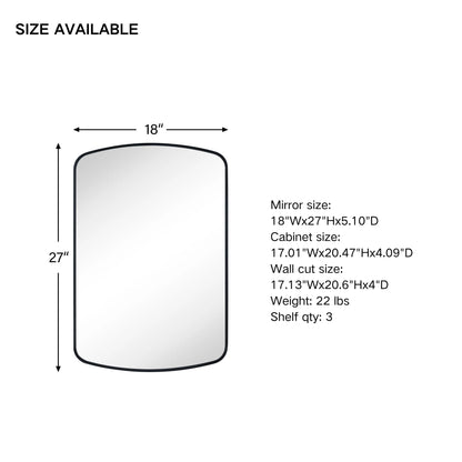 TEHOME Matt Black Surface and Recessed Mount Medicine Cabinet with Mirror Metal Framed Arch Bathroom Wall Cabinet with Mirror 18x27''