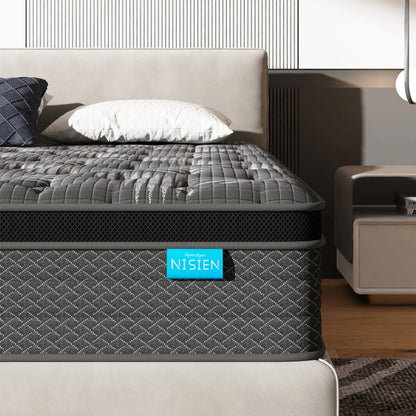 Nisien Black 10 inch Queen Mattress, Cooling Gel Memory Foam Hybrid Mattress in a box, Queen, Medium,Euro Top