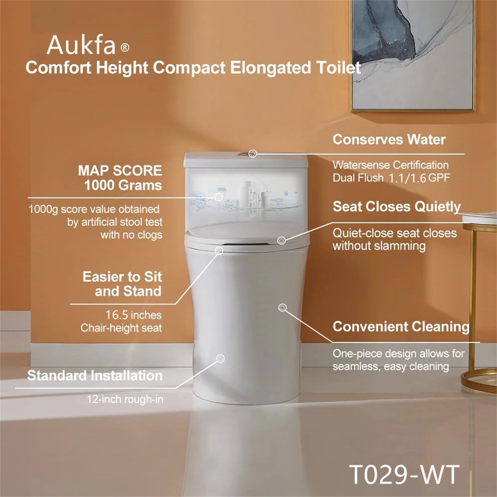 Aukfa T029-WT Elongated One Piece Toilet, Dual Flush 1.1/1.6 GPF Toilet for Bathroom, 12" Rough-In