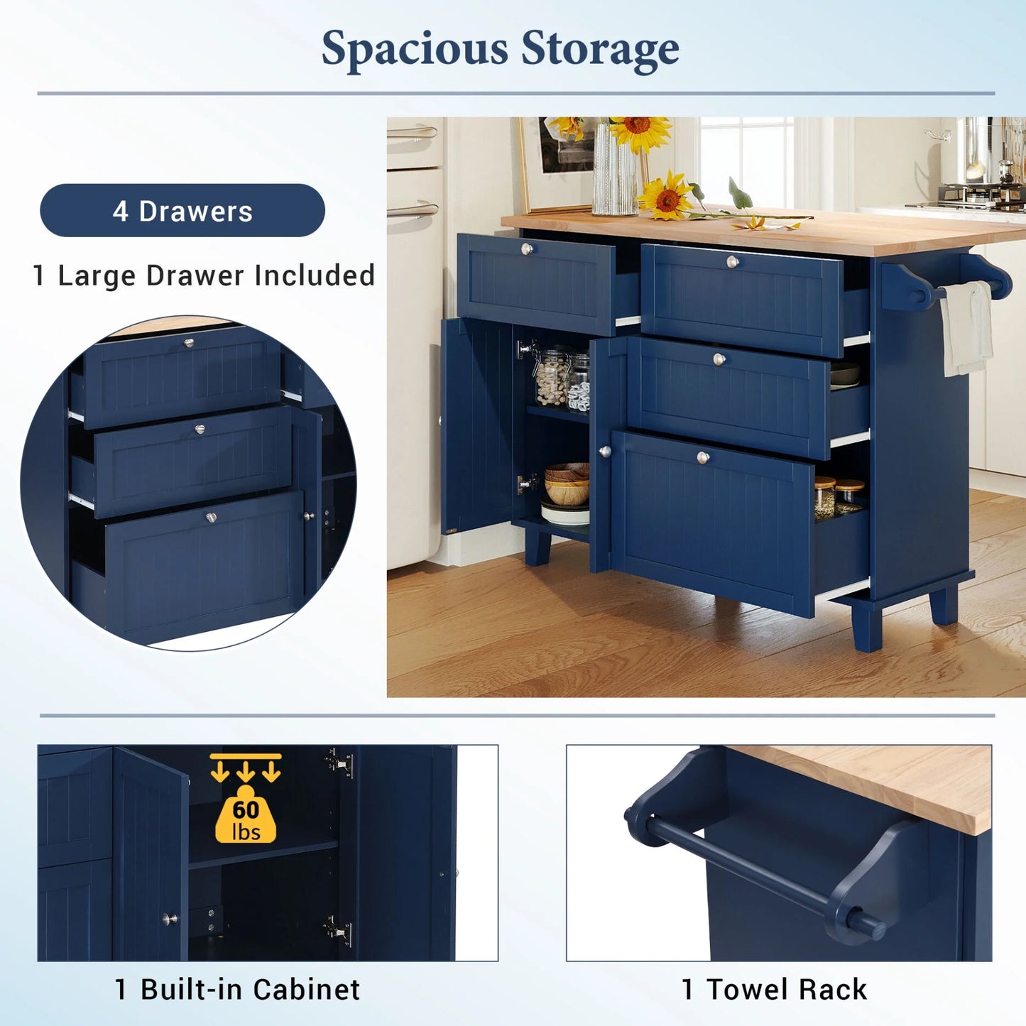 3 Pieces Farmhouse Style Kitchen Island Set with 2 Dining Stools, Kitchen Island with Adjustable Shelf, 4 Drawers, 2-Door Cabinet, Towel Rack & Rubber Wood Tabletop, Blue