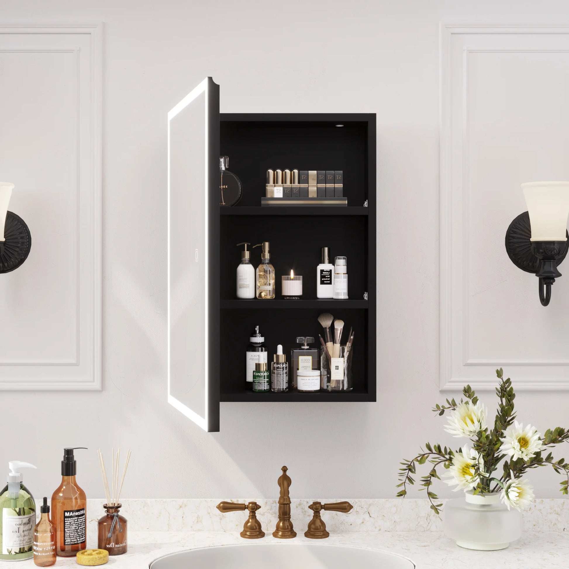 Ktaxon 20"x28", LED Bathroom Medicine Cabinet with Mirror Lighted, Wall Mounted Storage Cabinet w/Dimmable, Memory function, Outlets & USB, Black