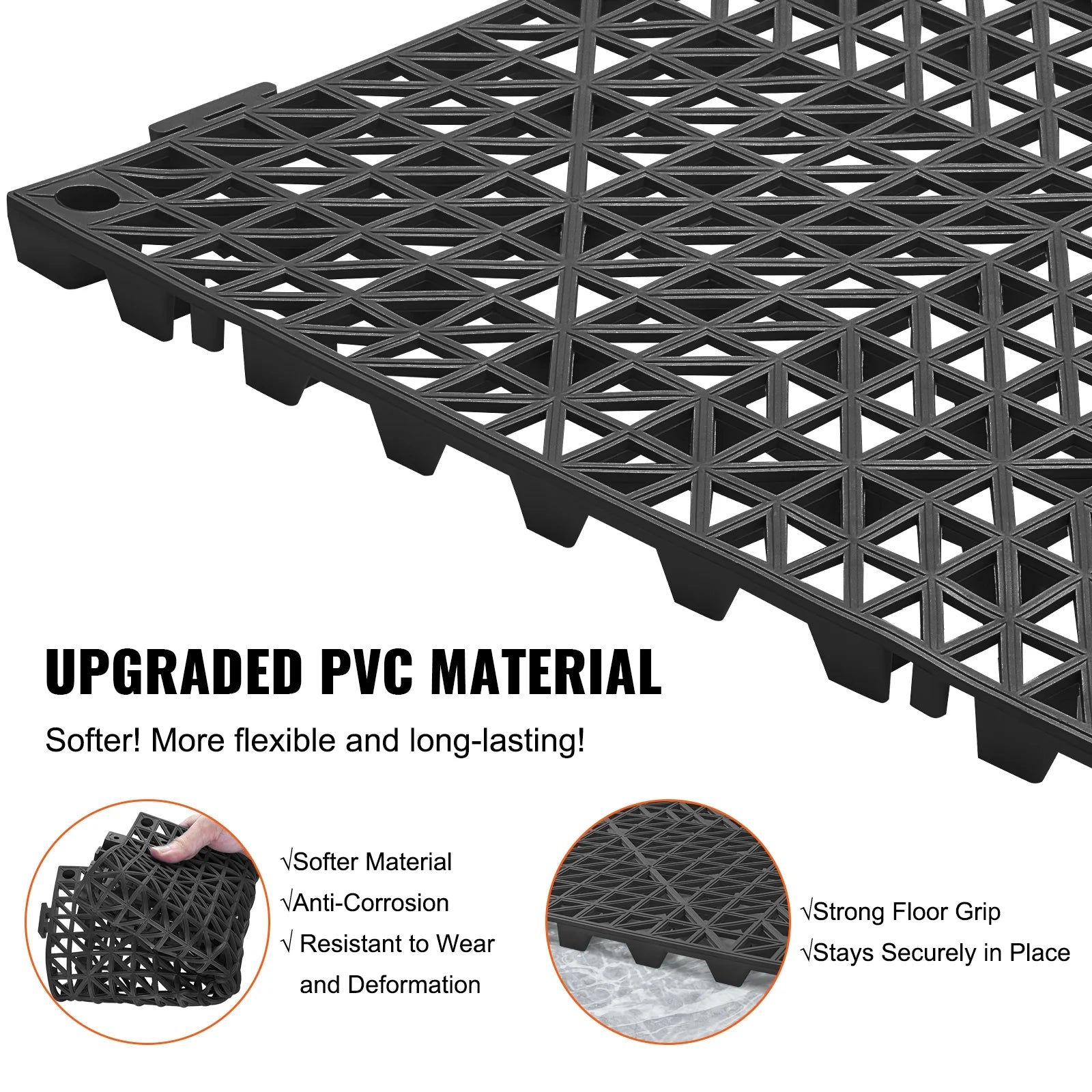 VEVOR Interlocking Tile 50PCS Black, Drainage Tiles 12" x 12" Splicing, Soft PVC Interlocking Drainage Floor Tiles, Non-Slip Drainage Holes for Restroom, Bathroom, Kitchen, Pool, Wet Areas