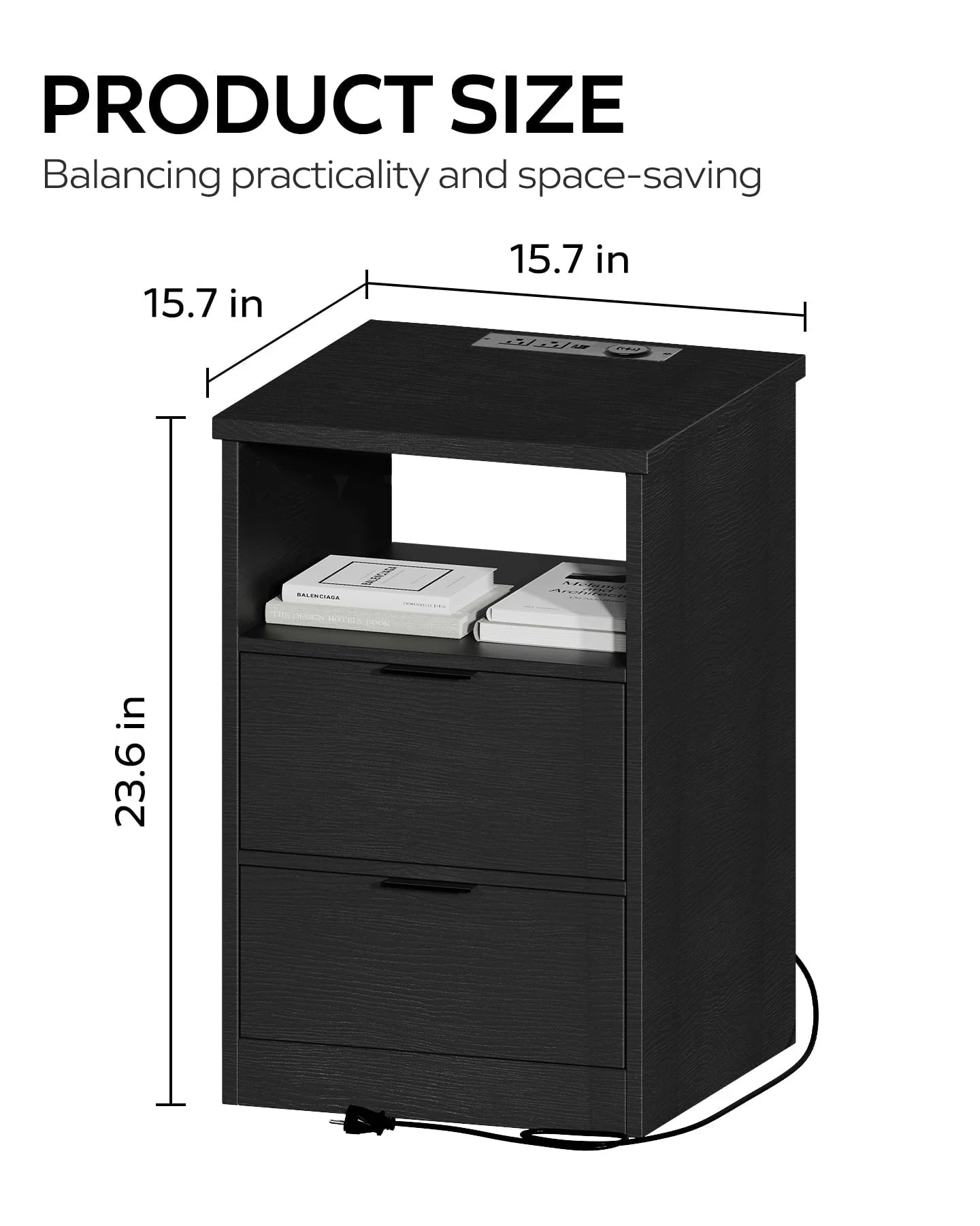MIRROTOWEL Nightstand, 2 Drawers,with Drawer and Storage Shelf, Bedside Table End Table, Modern Night Stand for Bedroom, Home Office,Black