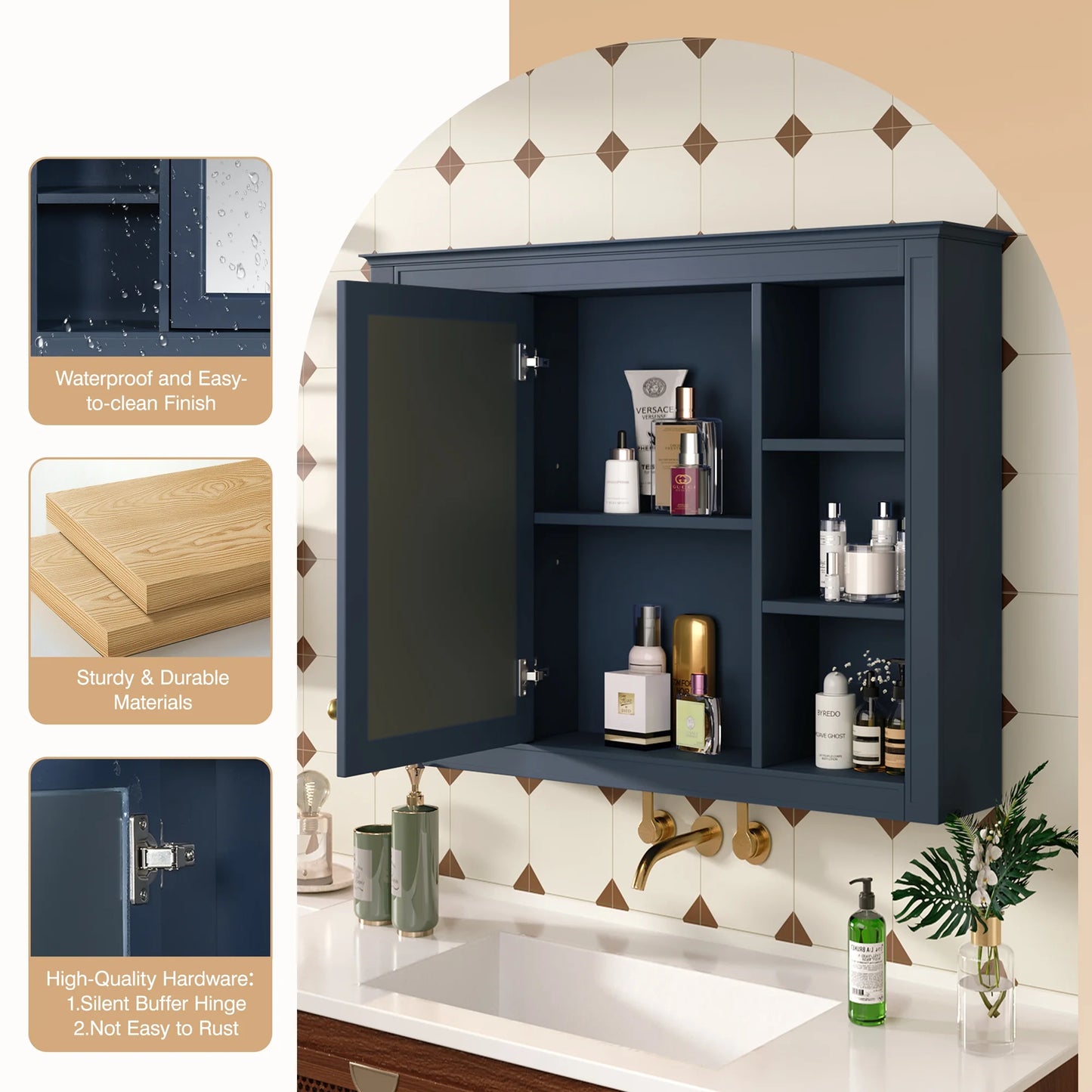 Euroco Wall Mounted Bathroom Mirror Cabinet Triple Door Vanity Storage with Concealed Shelves, Modern Design, Durable Construction, Easy Assembly