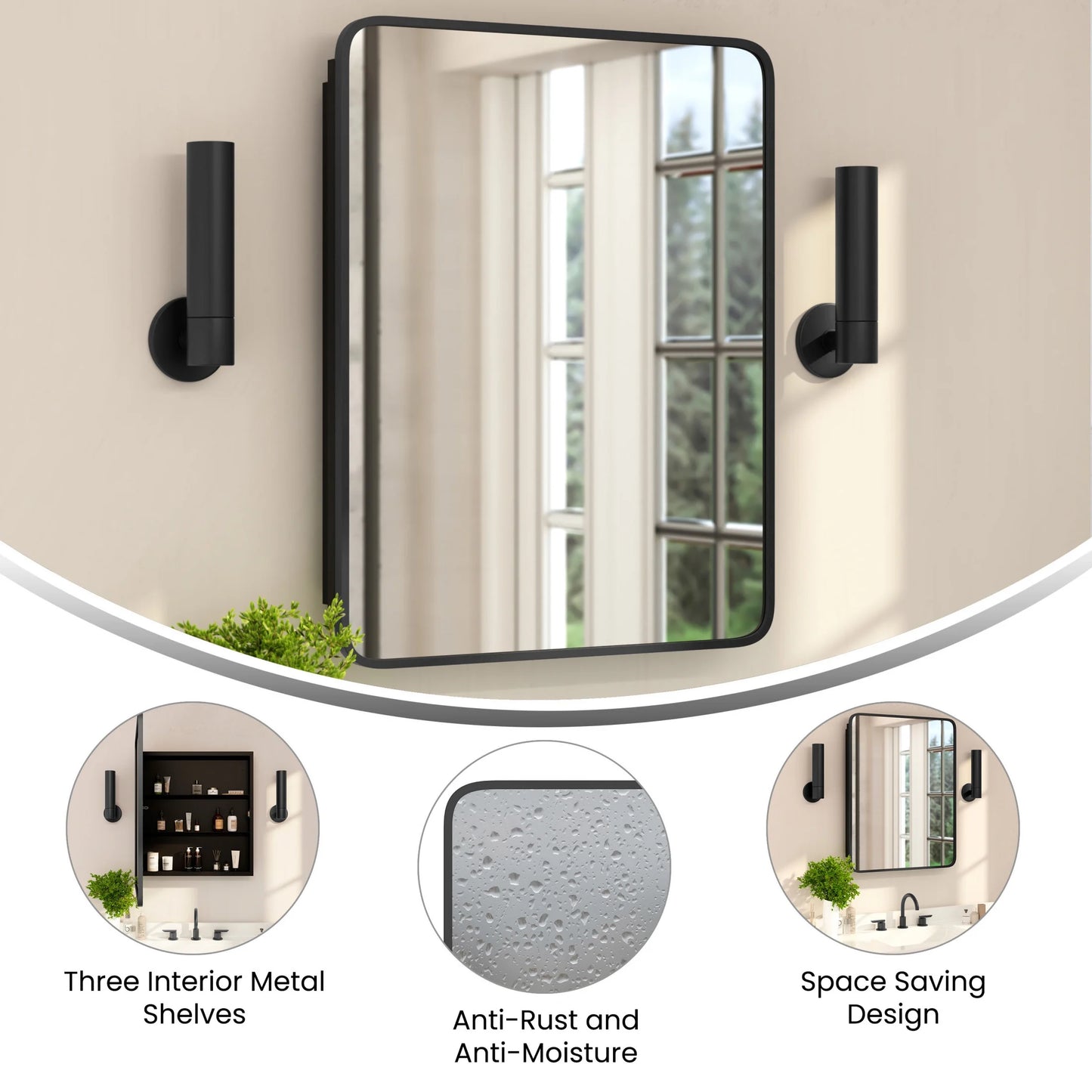 Merrick Lane 24" x 30" Reversible Bathroom Wall Medicine Cabinet with Rounded Rectangular Beveled Mirror and Black Metal Frame and Shelves