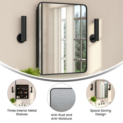 Merrick Lane 24" x 30" Reversible Bathroom Wall Medicine Cabinet with Rounded Rectangular Beveled Mirror and Black Metal Frame and Shelves