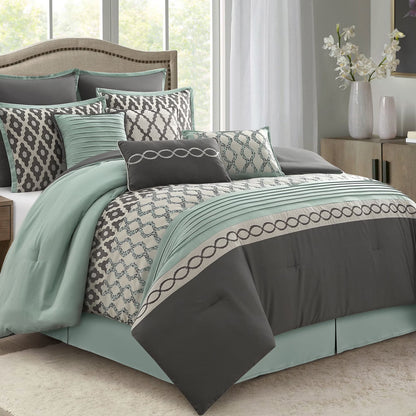 Lanco Geometirc Queen Blue Comforter Set, 12 Piece, Jacquard Bedding Comforters & Sets, Bedskirt, Pillows, Euro Shams & Curtains, Ultra-Soft