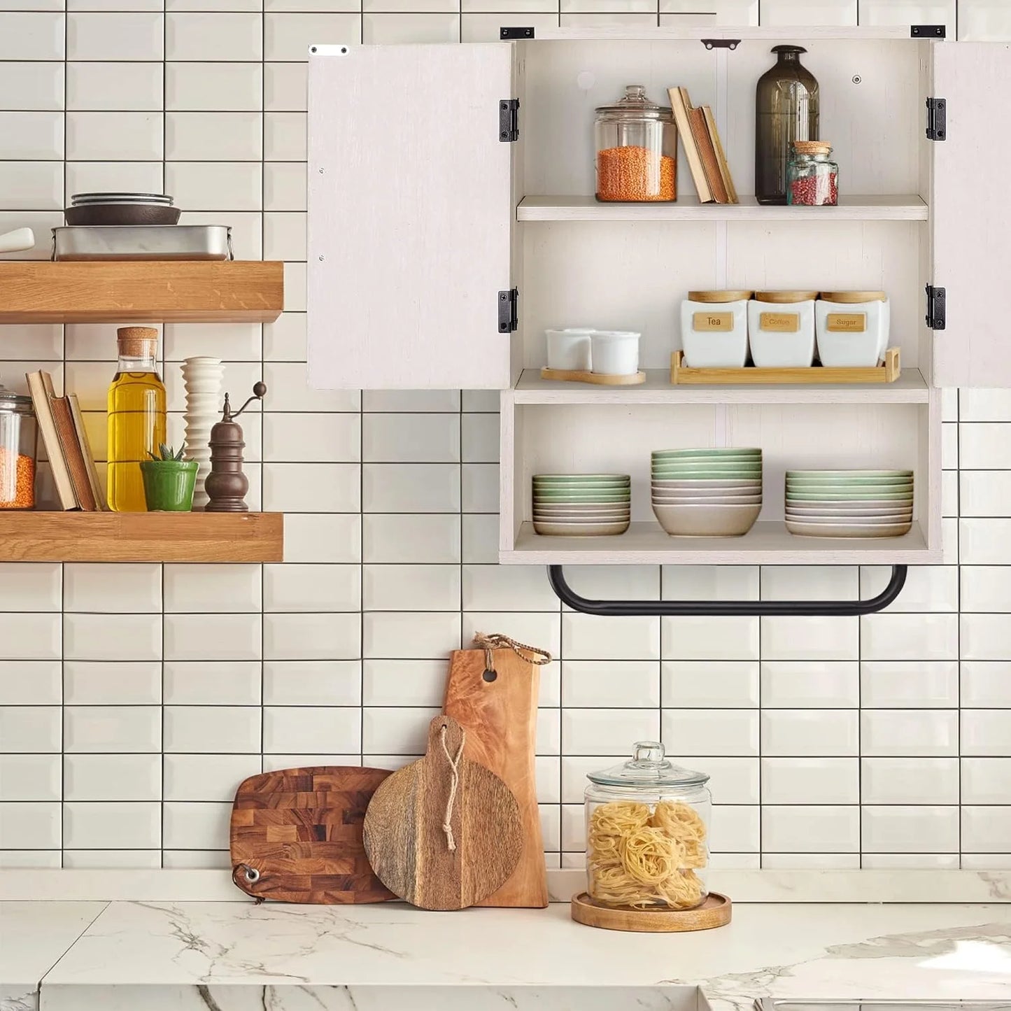 Farmhouse Wall Storage Cabinet with Two Barn Door, Rustic Mounted Medicine Cabinet with Adjustable Shelf and Towel Bar, 3-Tier Wood Cabinet for Kitchen, Bathroom, Living Room (Vintage White)