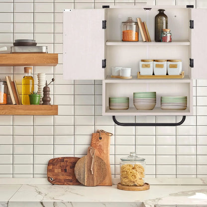 Farmhouse Wall Storage Cabinet with Two Barn Door, Rustic Mounted Medicine Cabinet with Adjustable Shelf and Towel Bar, 3-Tier Wood Cabinet for Kitchen, Bathroom, Living Room (Vintage White)