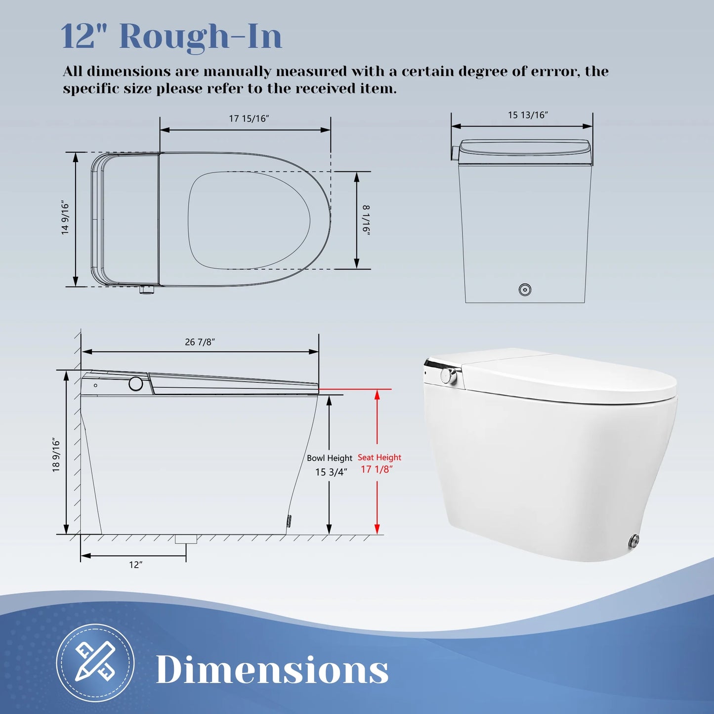 Elongated Bidet Toilet 1.28 GPF in White with Remote, Blackout Flush, Auto Flush, Heated Seat and Warm Air Dryer