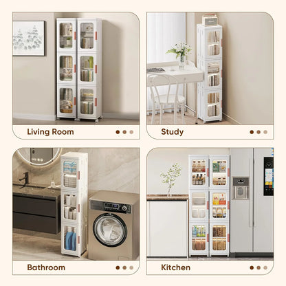 Slim Kitchen Pantry Storage Cabinet with Doors and Shelves, 3-Tiers Plastic Narrow Storage Organizer Collapsible for Small Spaces, Bathroom, Living Room, Bedroom, White