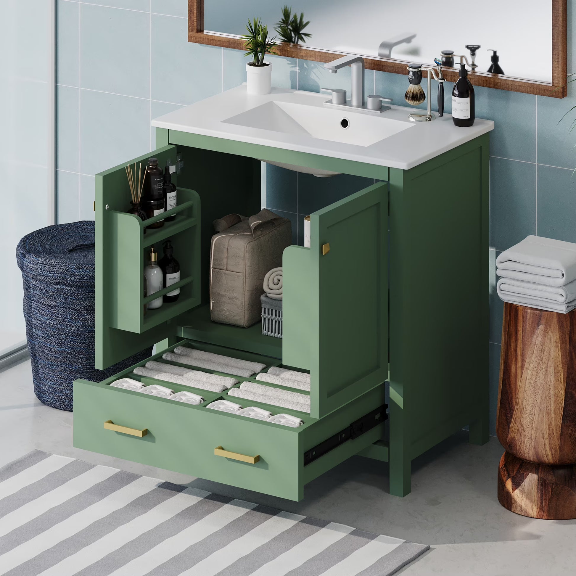 Zolaris Modern Bathroom Vanity with Ceramic Sink, Shelves, Drawers, Wood, Gray