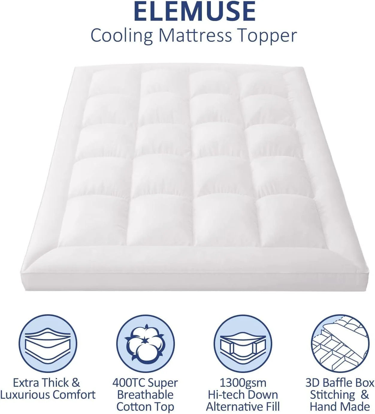 ELEMUSE 1300 GSM Overfilled Mattress Topper King with Baffle Box Design,Extra Thick Cooling King Pillow Top Pad, 400TC Organic Cotton Cover, Plush & Support Snow Down Alternative