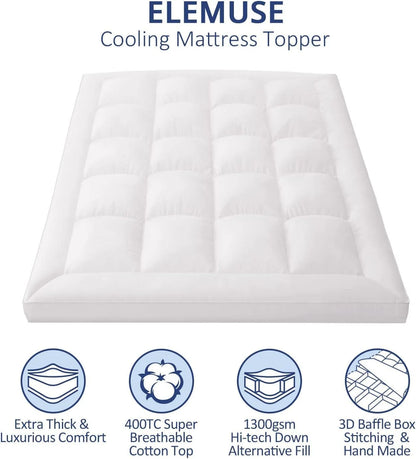 ELEMUSE 1300 GSM Overfilled Mattress Topper King with Baffle Box Design,Extra Thick Cooling King Pillow Top Pad, 400TC Organic Cotton Cover, Plush & Support Snow Down Alternative