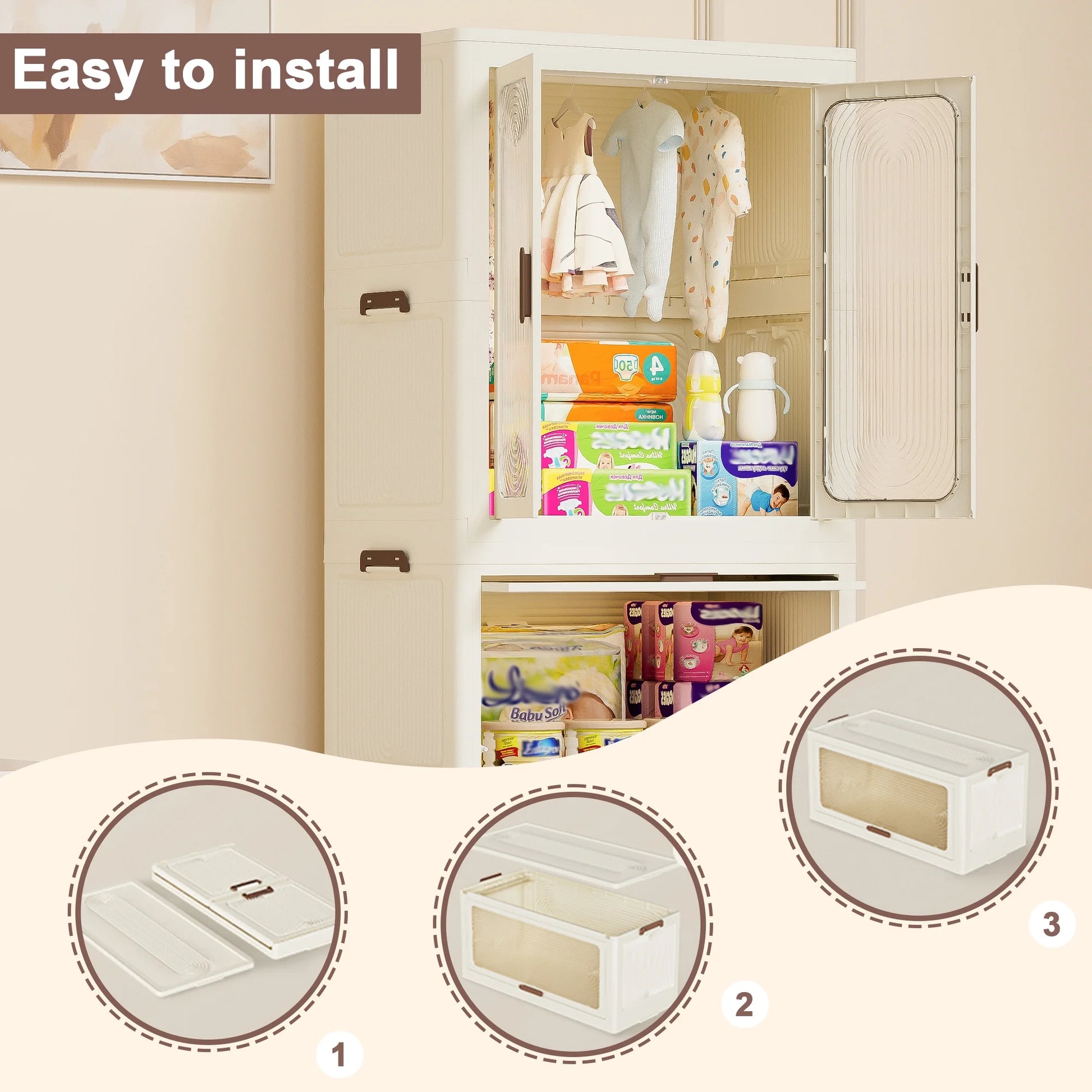 Montary Kids Portable Wardrobe w/Magnetic Doors & Hanging Rod - 4-Cube Plastic Storage Cabinet,Nursery/Bedroom