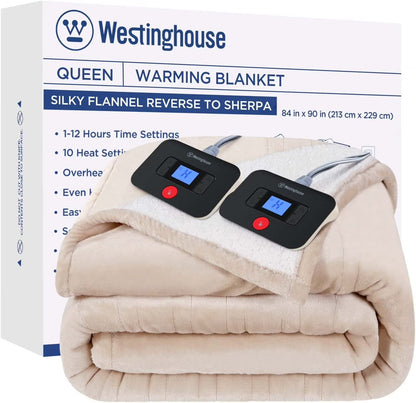 Westinghouse Electric Blanket Heated Blanket | 10 Heating Levels & 1 to 12 Hours Heating Time Settings | Flannel to Sherpa Reversible 84x90 Queen Size | Machine Washable - Beige