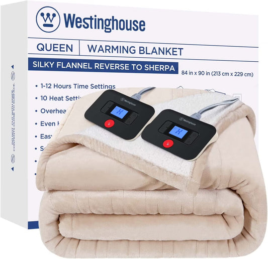 Westinghouse Electric Blanket Heated Blanket | 10 Heating Levels & 1 to 12 Hours Heating Time Settings | Flannel to Sherpa Reversible 84x90 Queen Size | Machine Washable - Beige