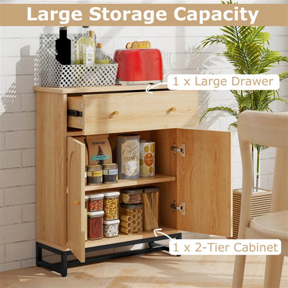 Finihen Accent Floor Storage Cabinet with Rattan Doors, Bathroom Cabinet with Large Drawer, Freestanding Storage Cabinet Organizer, Beige