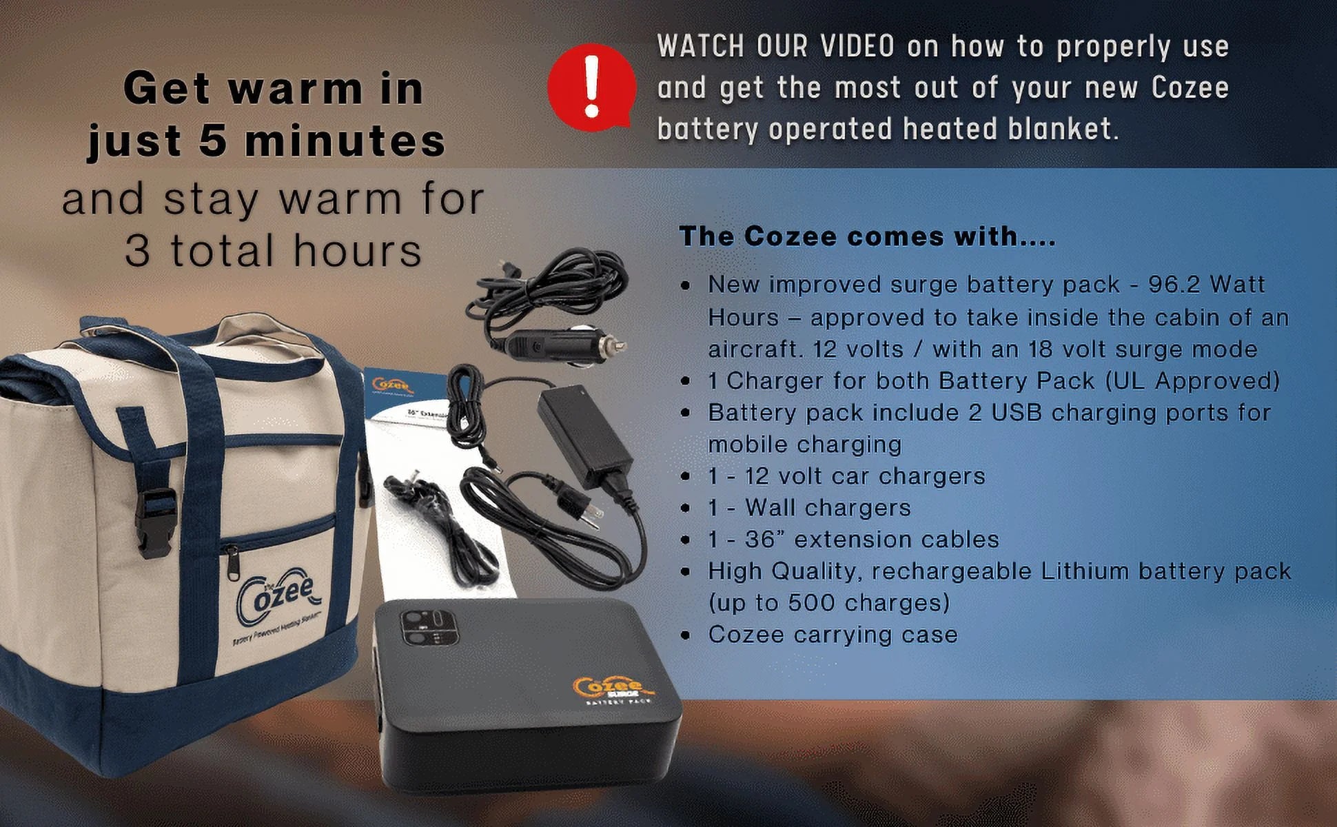 Cozee Electric Blanket Surge Battery Operated Throw Blanket Plus Tote